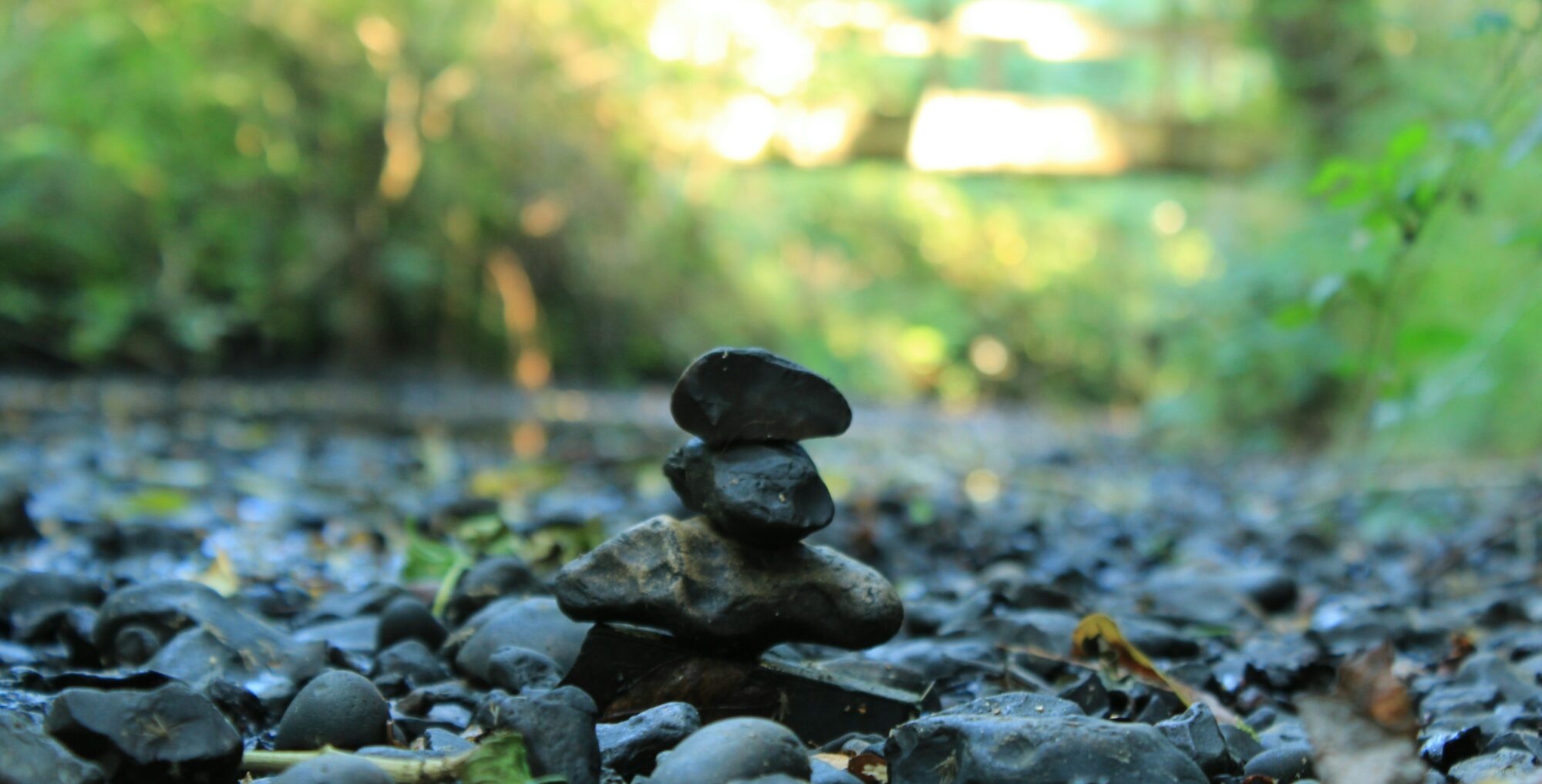 A small pile of stones line up next to a slowly drying up stream